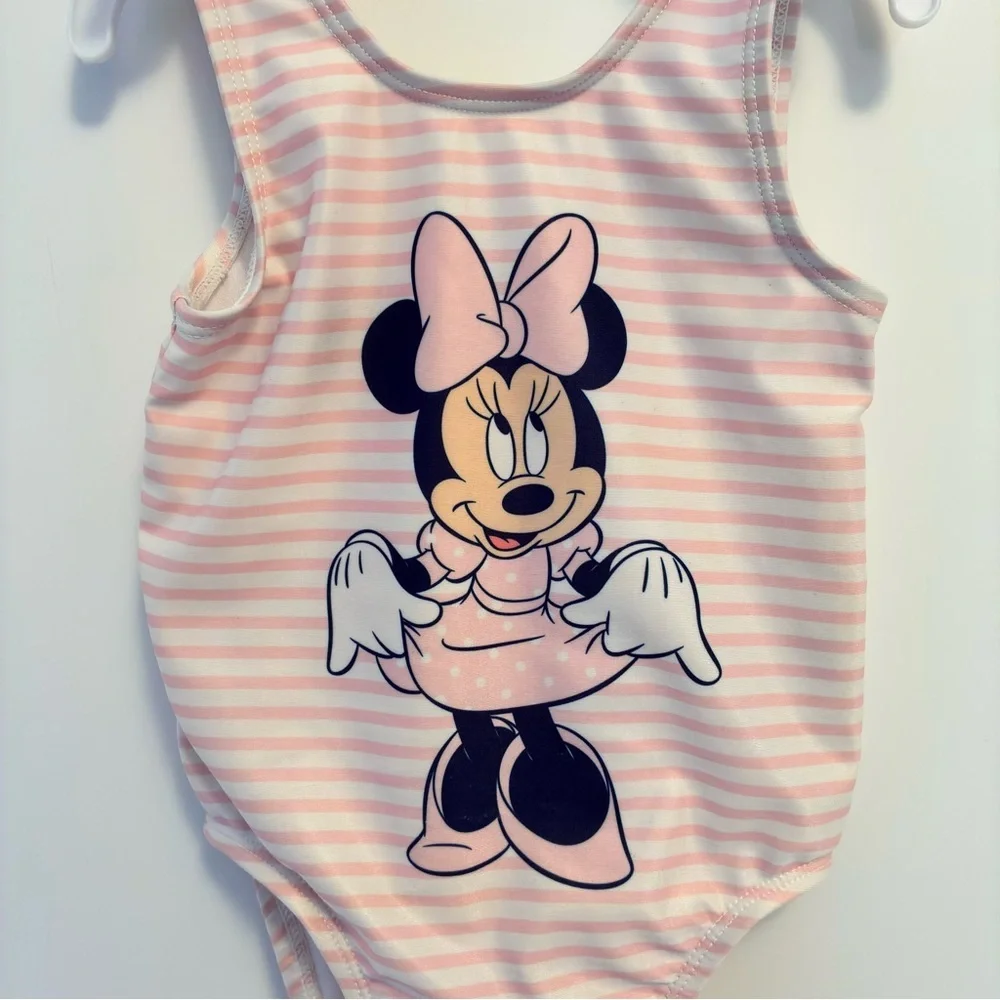 Disney Junior Minnie Mouse One-Piece Swimsuit Pink White Stripe Size 2T